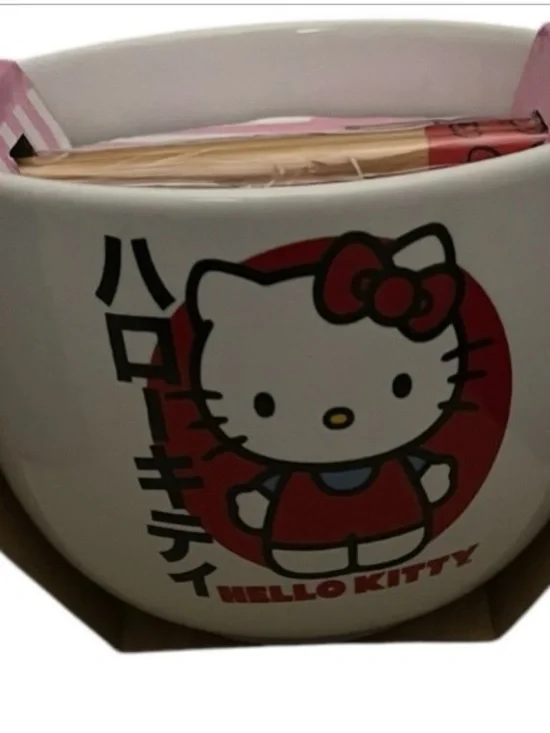 Hello Kitty Pink & White Bowl with Chopsticks NWT - Picture 2 of 3